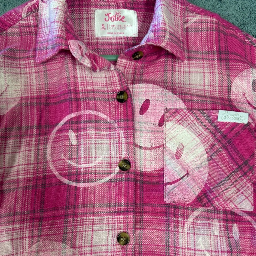 Justice Girls Pink Plaid Smiley Face Flannel Button Down Shirt Size S 7/8 - Picture 4 of 8